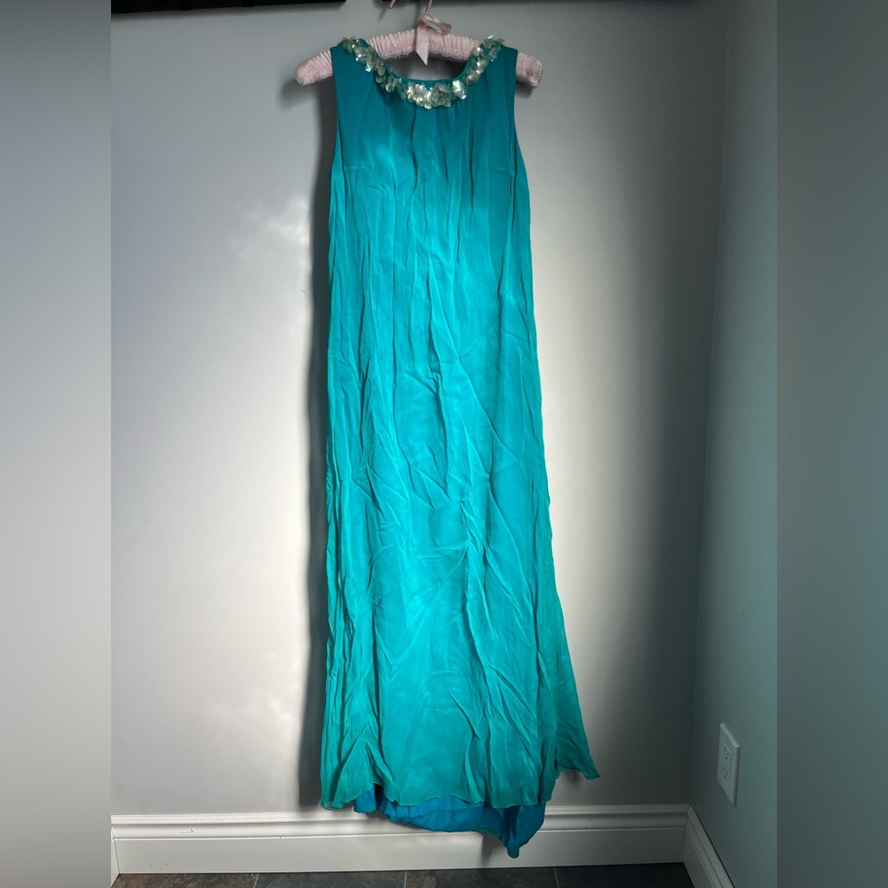 Bonwit Teller Sequin Collar Two Tone Teal and Blue Maxi Dress